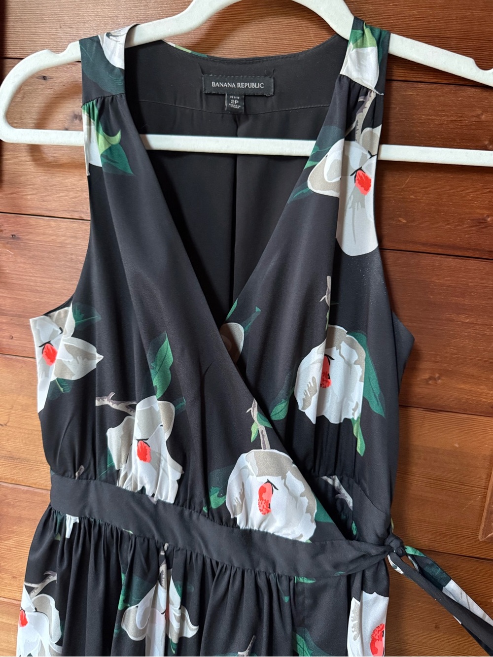 Banana Republic Black Floral Wrap Midi Dress with Green Leaves